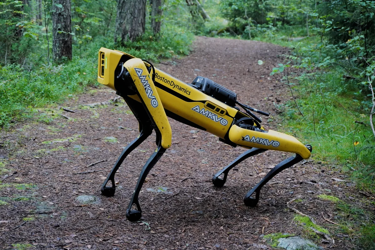 הרובוט הארבע־רגלי Spot של Boston Dynamics עומד על שביל בתוך חורשה.